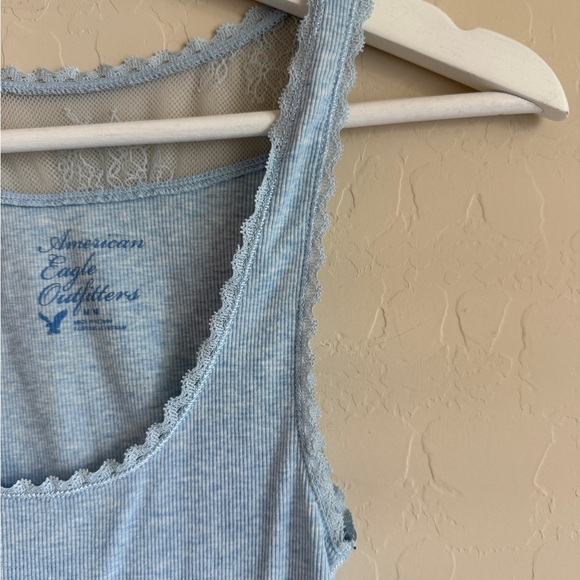AEO Y2K Lace Trim Ribbed Tank Top Light Powder Blue Women’s Medium Elena Gilbert - Picture 4 of 7